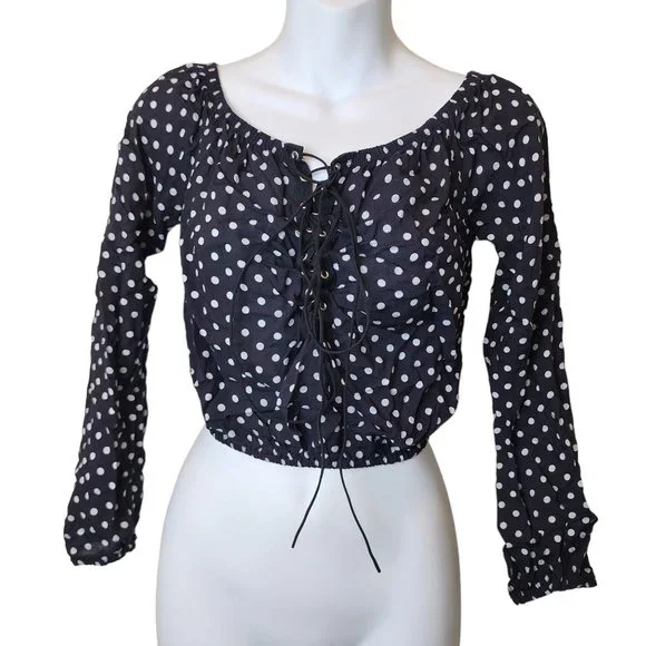 Windsor Lace Up Polka Dot Crop Top - Black/White, Small - Picture 6 of 10